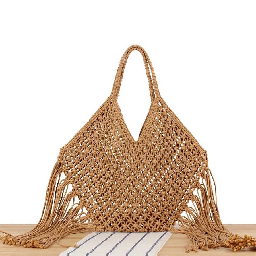 Summer Tassels Grid Woven Bag for Women Irregular Handbags Knitted Beach Shoulder Bag Large Tote Hollow Out Daily Shopper Bag Y250717