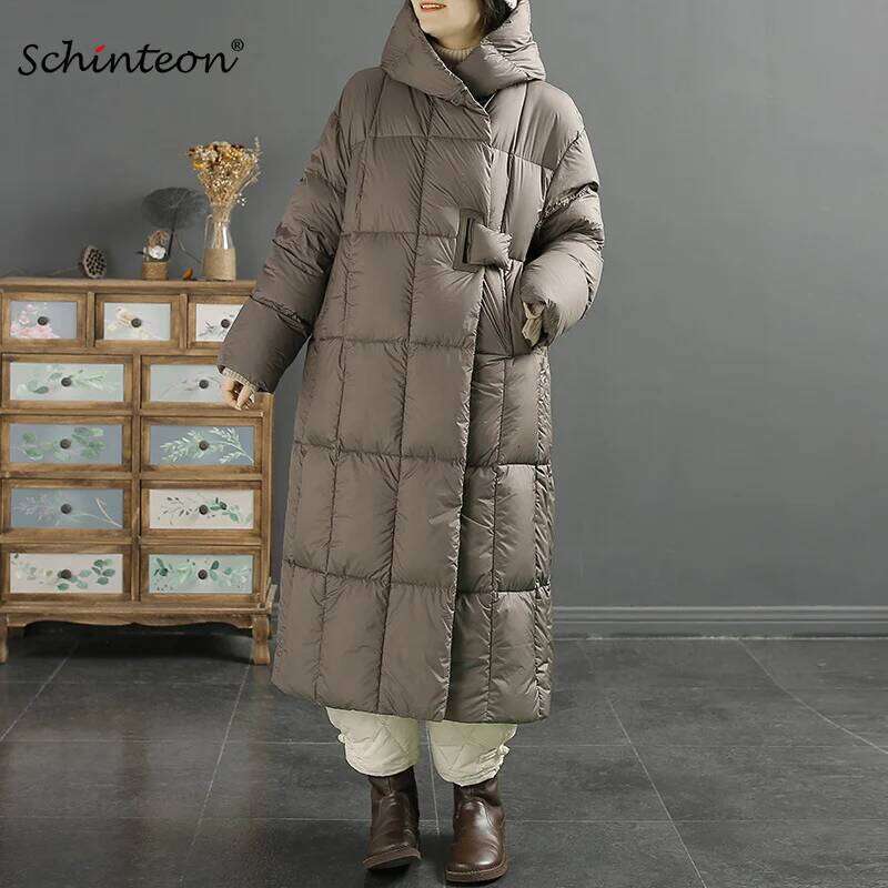 Schinteon Women Down Jacket Casual Loose Over Size Autumn Winter Warm Thick Long Outwear With Removable Hood Solid Color Coat MDNG