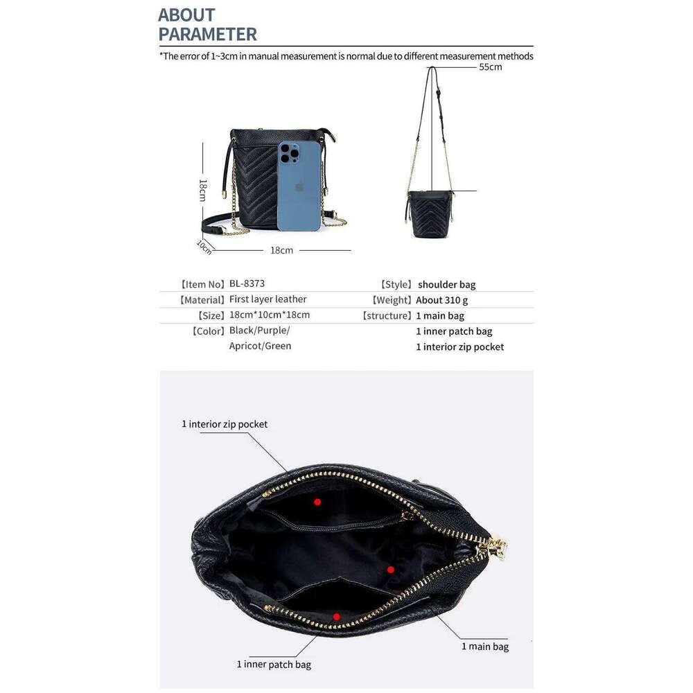 2025 New Genuine Top Grain Leather Women's - Chic Chain Strap, Striped Embroidery Soft Small Bucket Shoulder & Crossbody Bag