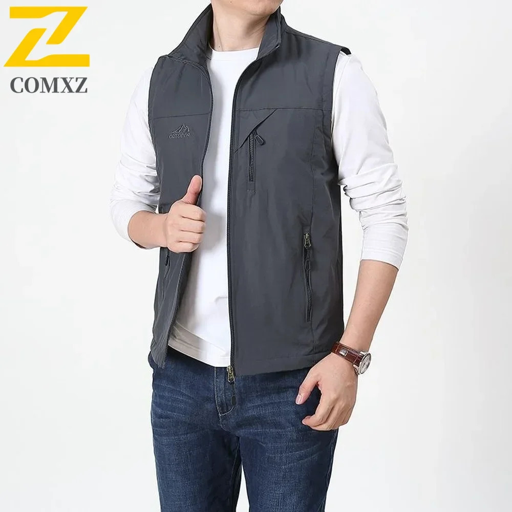 Summer Thin Vest Jacket Men Outdoor Casual Clothes Lightweight Short Sleeve Vests Men Stand Collar Male Trekking Coat Traveling 250717