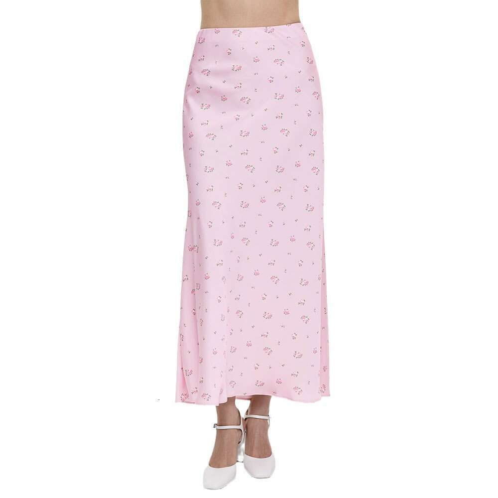 Printed Spring Summer New Elegant Floral Satin Print Draped High Waist Midi Skirt B5