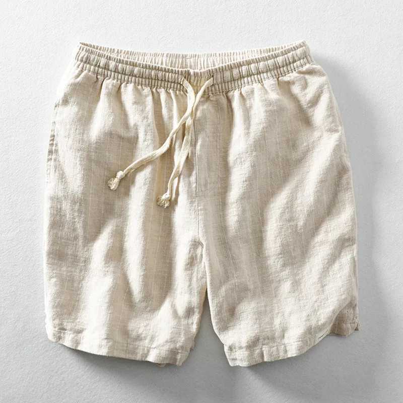 Summer Cotton Linen Shorts Pants Men Casual Solid Color Breathable Comfortable Striped Drawstring Man Holiday Beach Thin Shorts W250718