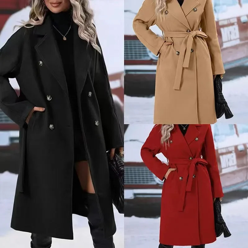 Thickened Long Ladies Windbreaker Double-breasted Pure Color Collar Dragon And Phoenix Wool Tie Belted Coat for Women 250715