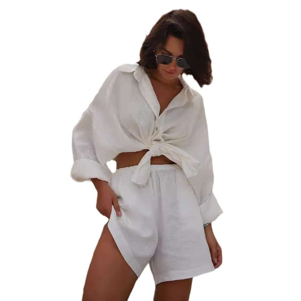 Summer New Women's Vacation Casual Loose Long Sleeve Shirt + Shorts Set B5