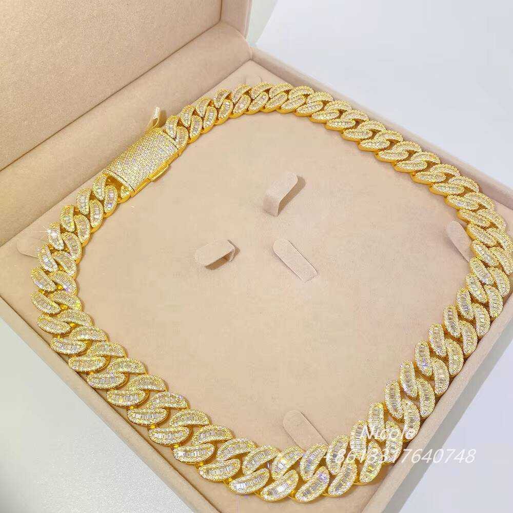 925 Sterling Silver Hip Hop baguette Moissanite Heavy Chain Miami Cuban Link Mens Bracelet 10k 18mm Cuban Link Chain