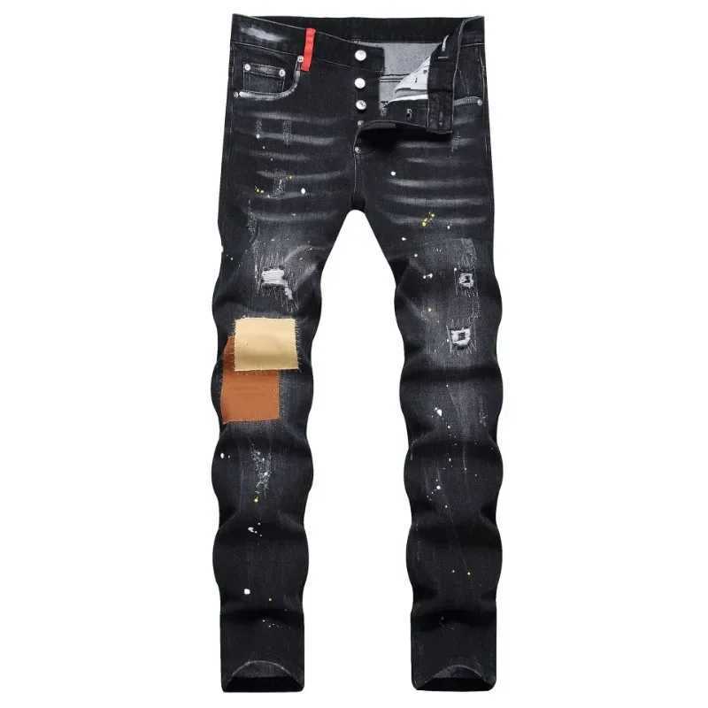 Men Black Skinny Denim Jeans Holes Jeans Italian Style Stretch Ripped Denim Pants Quality Male Slim Fit Denim Trousers Size 42 X250718