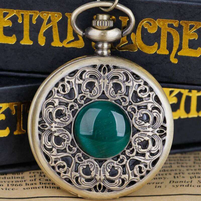 free shipping Vintage Arabic numerals face hollowed-out carving jade quartz pocket watch Bronze elegant style ladies gift clothing a