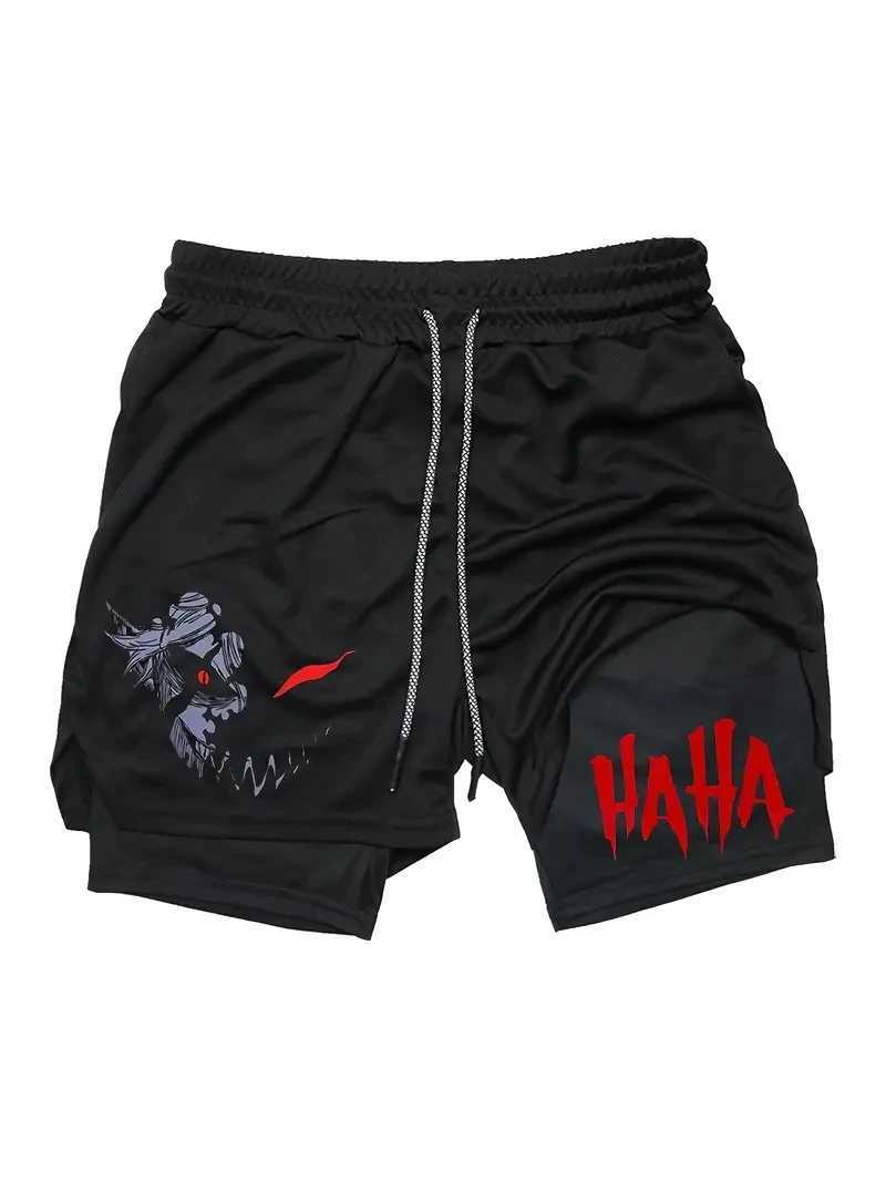 Mens Multifunctional Double-Layer Sports Shorts Breathable Elastic Fabric with Hooks and Towel Pockets Random Pattern W250718