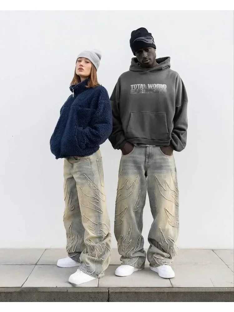 Streetwear Fashion Retro Hip Hop Flame Embroidery Loose High Waisted Men Jeans Female Y2K New Harajuku Gothic Wide Leg Pants X250718