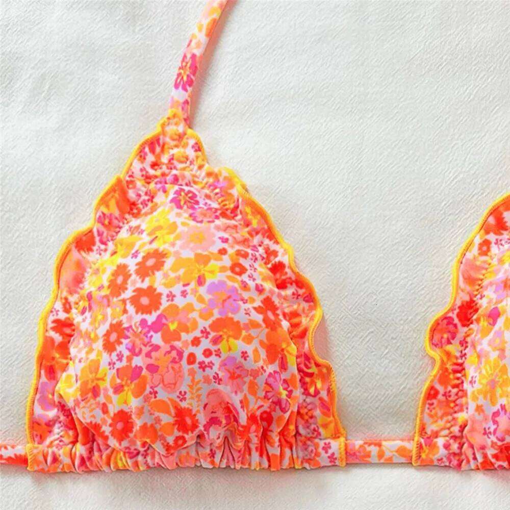 Orange Floral Print Halter String Triangle Bikini Ruched Edge Sexy Swimsuit Women 2025 Holiday Swimwear Bathing Suit Bikinis Set