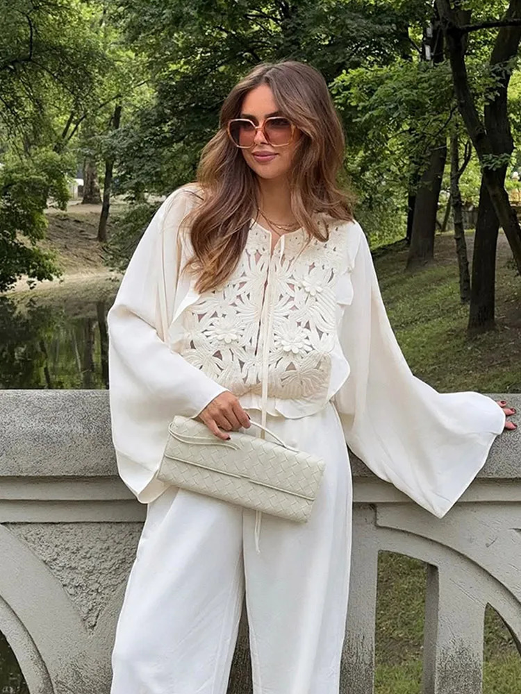 Retro Crochet Patchwork Mini Skirt Suits Women Chic O Neck Long Sleeve Lace Up Shirts Set Lady Summer High Street Outwear 2025 250715