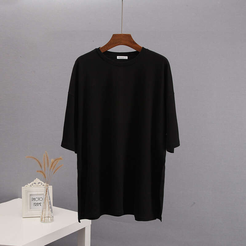 Summer Loose Split Cotton Short Sleeve For Women Comfortable Round Neck Solid Color T-Shirt B5