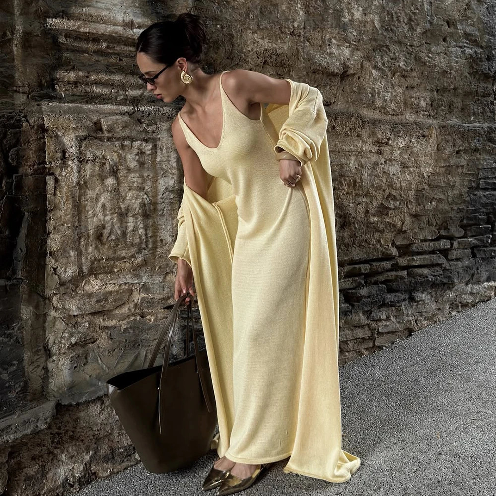 Tuularose Women Long Dress 2 Piece Solid Knitted Spaghetti Strap Dress Long Sleeve Cardigan Set Casual Fashion Female Dress Set 250715