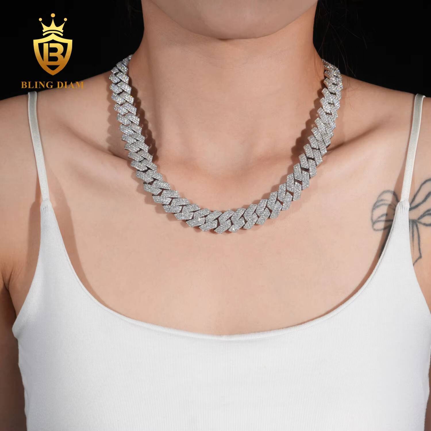 Hot Sale High Quality Heavy Hip Hop 15mm Width Three Rows 925 Silver VVS Moissanite Iced Out Cuban Link Chain