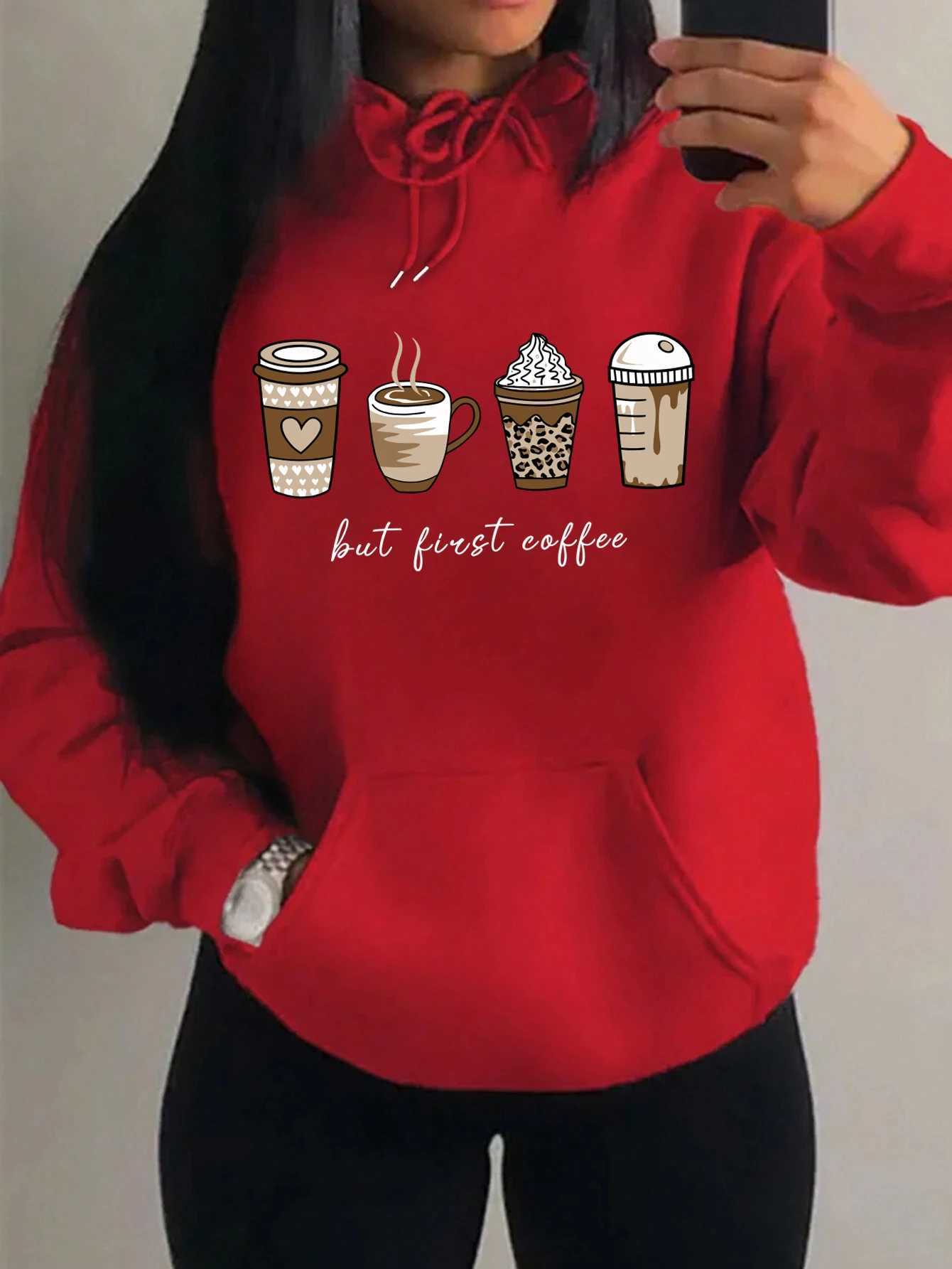 But First Coffee Cartoons Coffee Drinks Pattern Hoodies Fashion Warm Hoody Casual Trendy Sweatshirt Street Women Pullovers XJ250717
