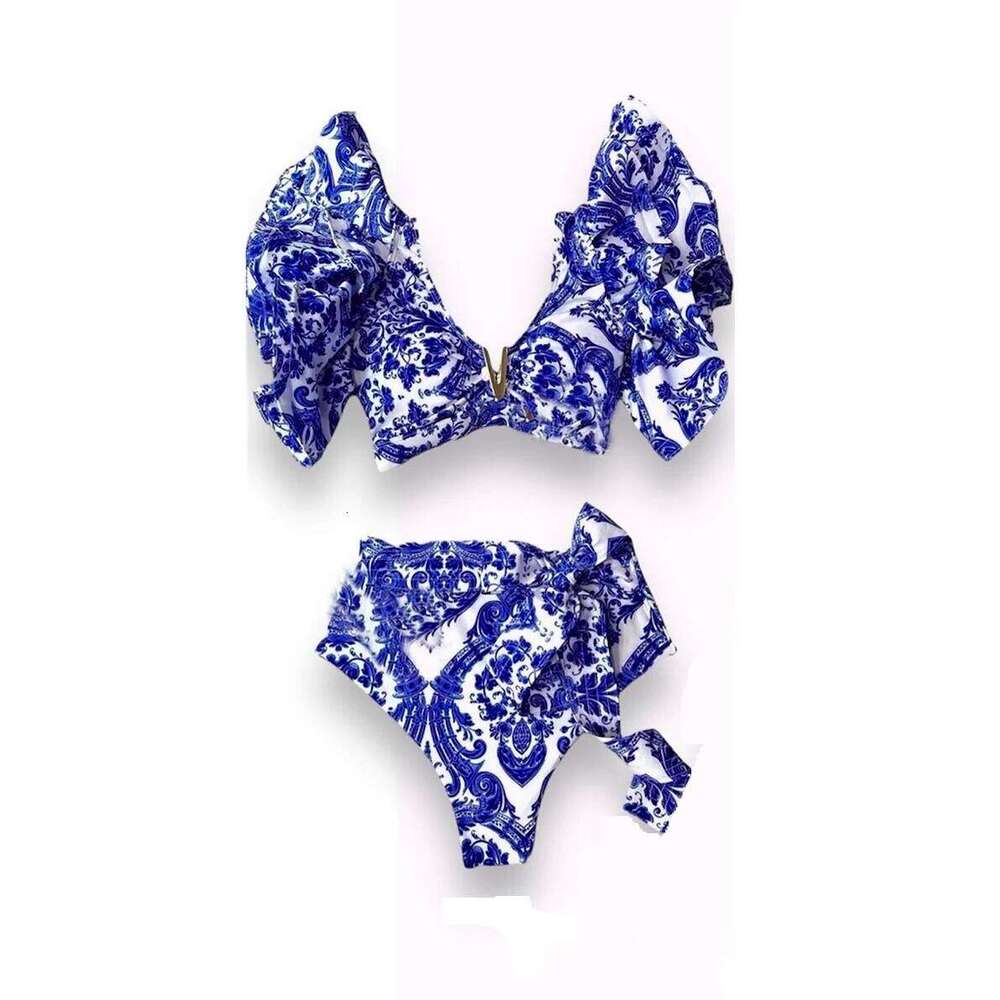 Sexy Printed Bikinis With Cover Up Women Swimwear 2025 Shoulder Ruffle Swimsuit Female V Neck Biquini Bathingsuit Beachwear