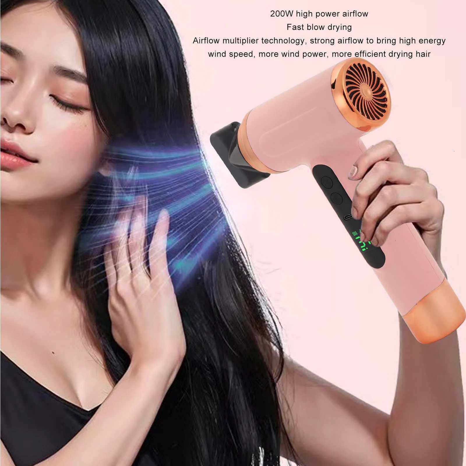 Portable Hair Dryer USB Charging Ergonomic Grip Hot and Cold Air Hair Dryer 200W Fast Drying with Nozzle for Travel W250718