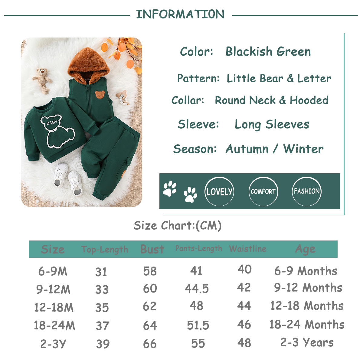 JOPGEEY Winter Fashionable Baby Boy Outfit - Long-Sleeve Cartoon Sweatshirt, Padded Pants w/ Pocket Detailing & Warm Zip-Up Jacket, Fashionable design