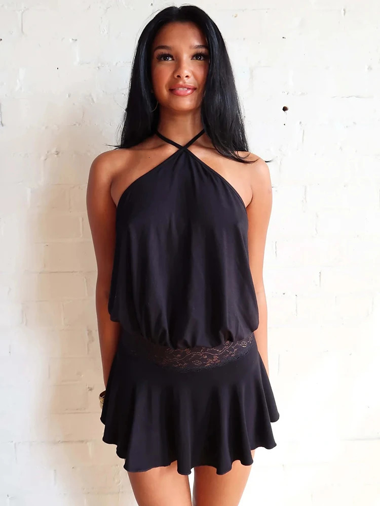 Mozision Halter Backless Sexy Mini Dress Women Robe Fashion Summer Lace Patchwork Sleeveless Pleated Ruffled Club Dress 250715