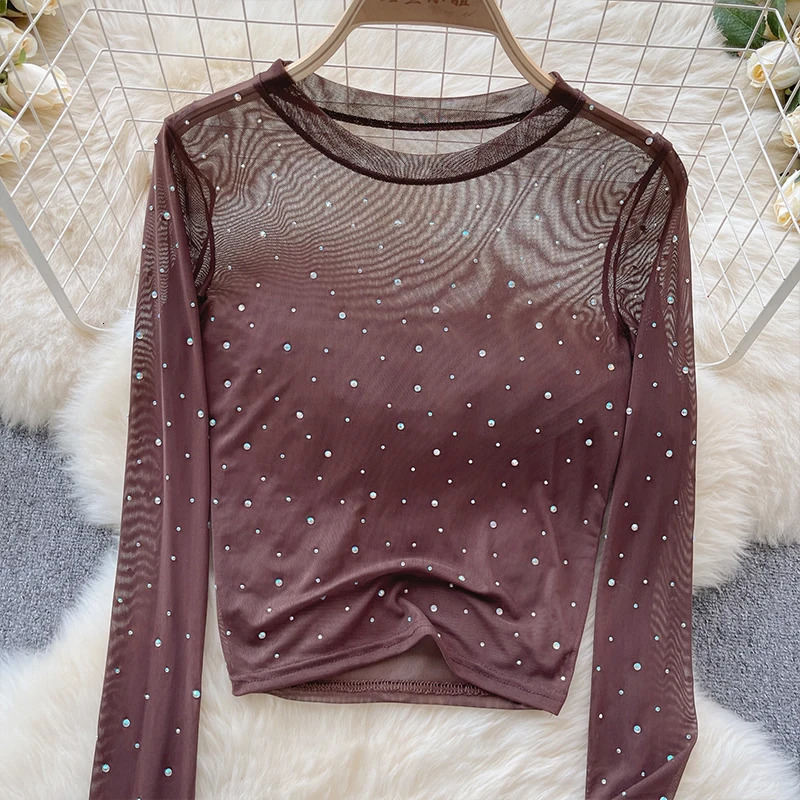 Women Chic Rhinestone Mesh Sheer Long Sleeve Crop Tops Slim Fit Sexy See Through T-shirts Fashion Party Nightclub T-shirt 250714