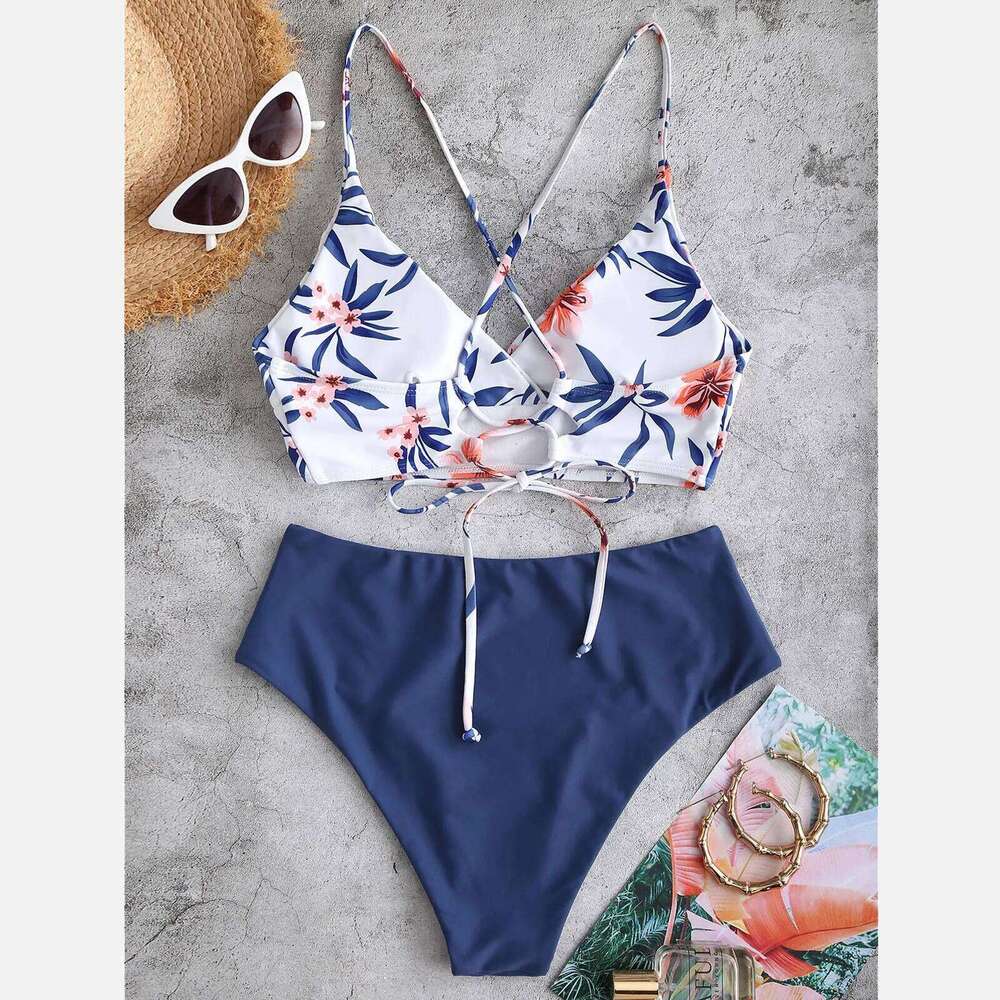 Women Split Swimsuit Flower Print Beachwear Sexy Halter Two Piece Tankini Set Plus Size Swimwear Beach Swimming Suit Biquini