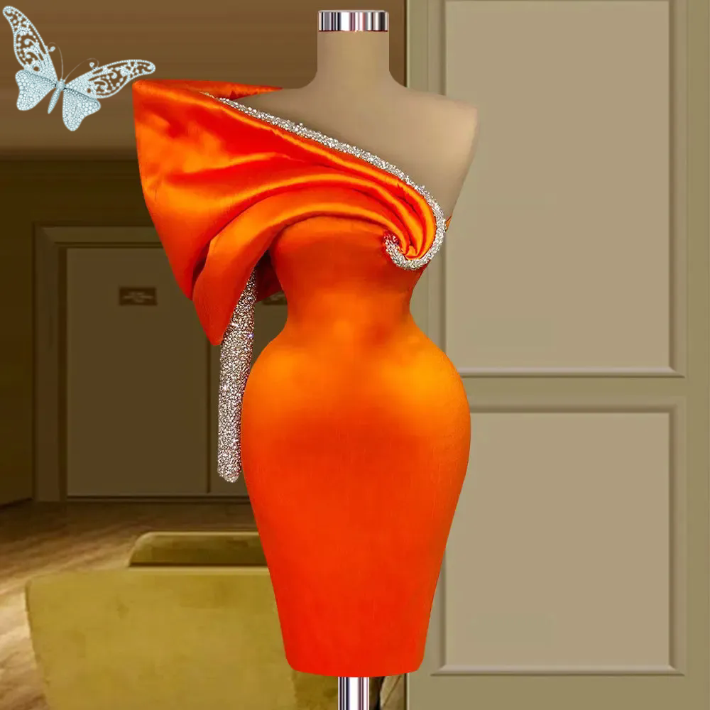 One Shoulder Orange Short Mermaid Prom Dresses 2025 Mini Sparkly Beads Vestidos De Cocktail Satin Party Gowns Customized