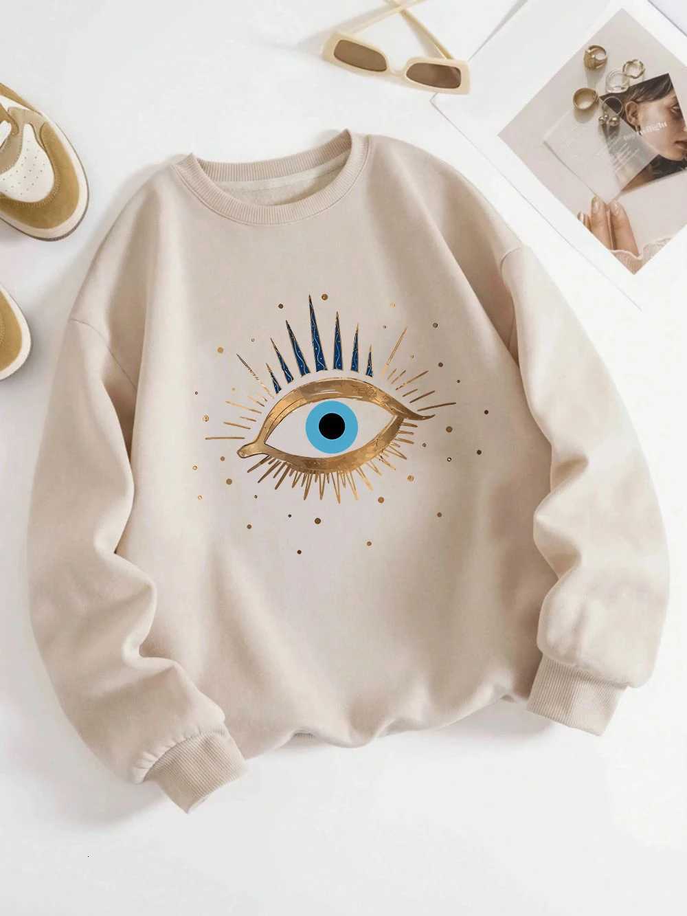 Casual Womens Sweatshirt Vintage Devils Eye Prints Pullover Soft Breathable Loose Crewneck Hoodie Autumn Winter Womens Clothing XJ250717
