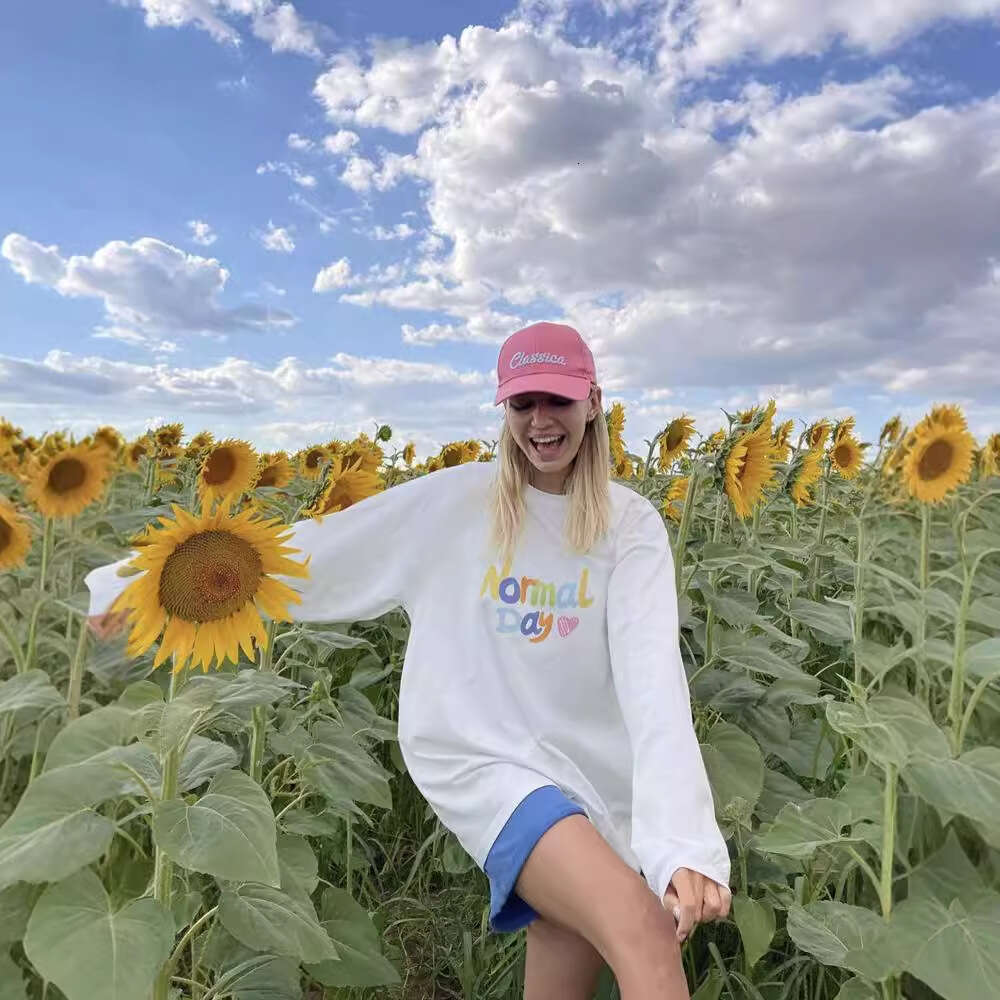 American Text Printed T-Shirt Women Round Neck Loose Cotton Long Sleeve Top 0G B5