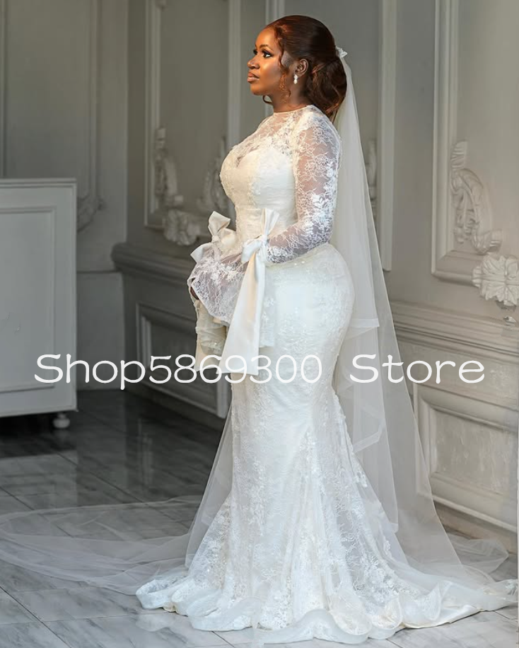 African Mermaid Garden Wedding Dresses Fairy Long Sleeve Fully Lace Applique Aso Ebi Bridal Gown Customsized robe de mariee