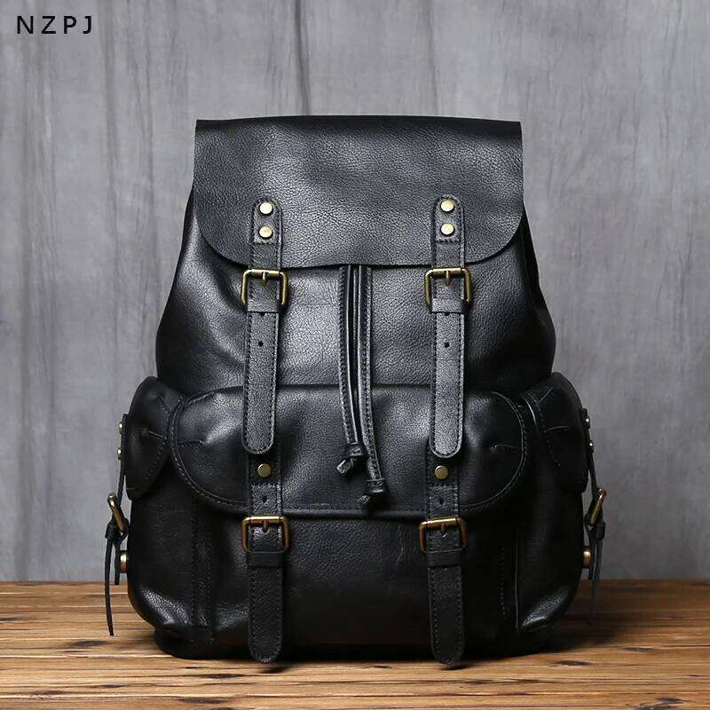 NZPJ Genuine Leather Casual Men's Natural Cowhide Book Laptop Computer Bag Large Capacity Backpack MDNG