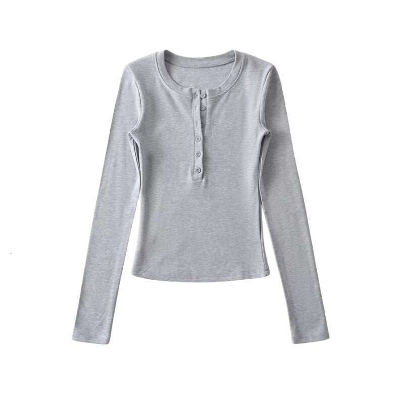 Autumn Winter New Half Open Button Round Neck Long Sleeve Base Shirt For Women Basic Simple Elastic Slim Fit Fleece T-Shirt Top B5