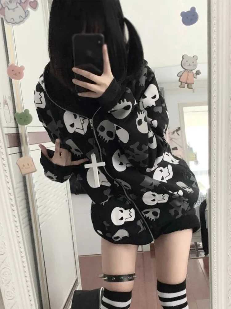 Alt Goth Cyberpunk Y2k Sweatshirt Women Mall Goth Harajuku Skull Printed Long Sve Zipper Cardigan Hoodie Emo Alt Indie Clothes XJ250717