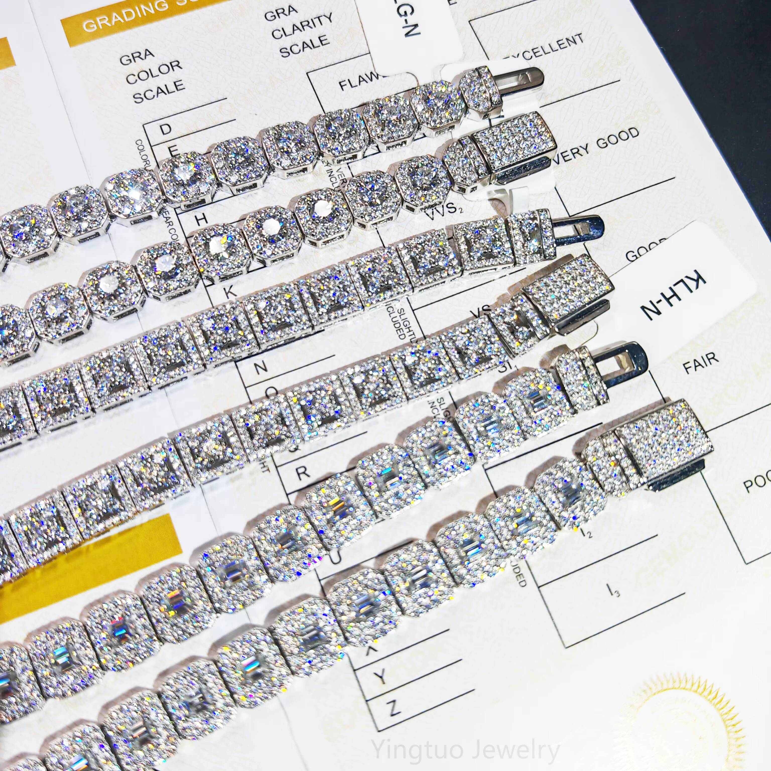 925 Silver Ice Cut D VVS Moissanite Tennis Chain Necklace Bracelet Hiphop Cuban Link Chain with GRA Certification