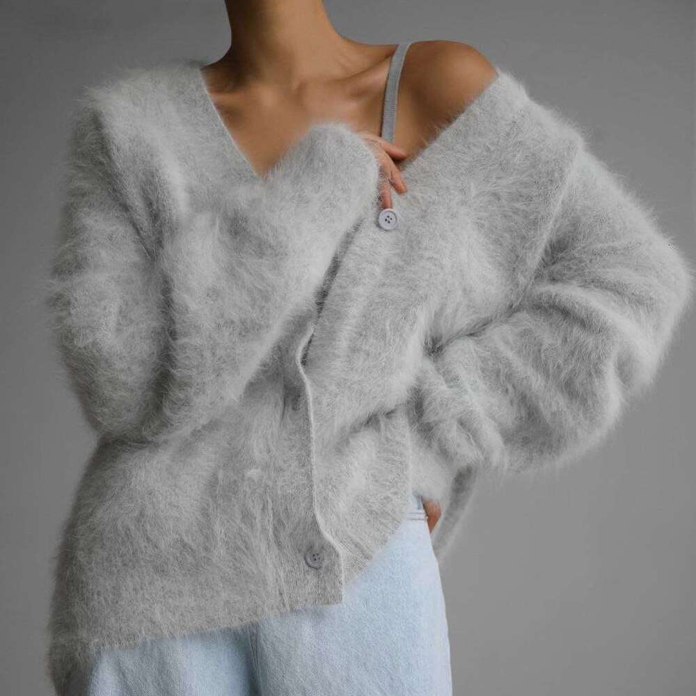 Spring And Autumn Faux Mink Cardigan For Women, Lazy Style Loose Sweater Coat, Soft Long Sleeve Knitted Top B5