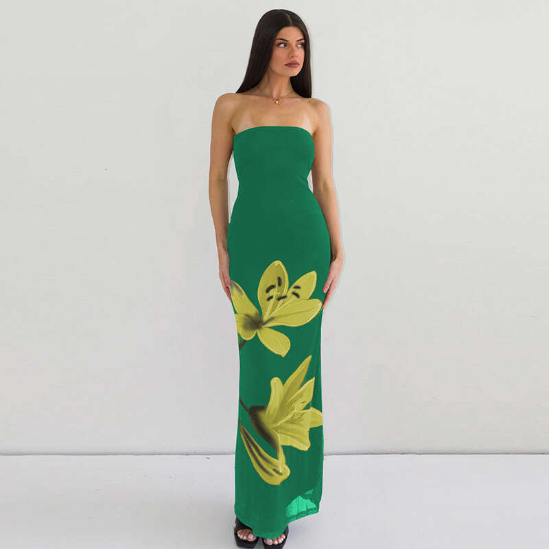 Women's Summer New Style Personality Print Off-Shoulder Strapless Tie Dress B5