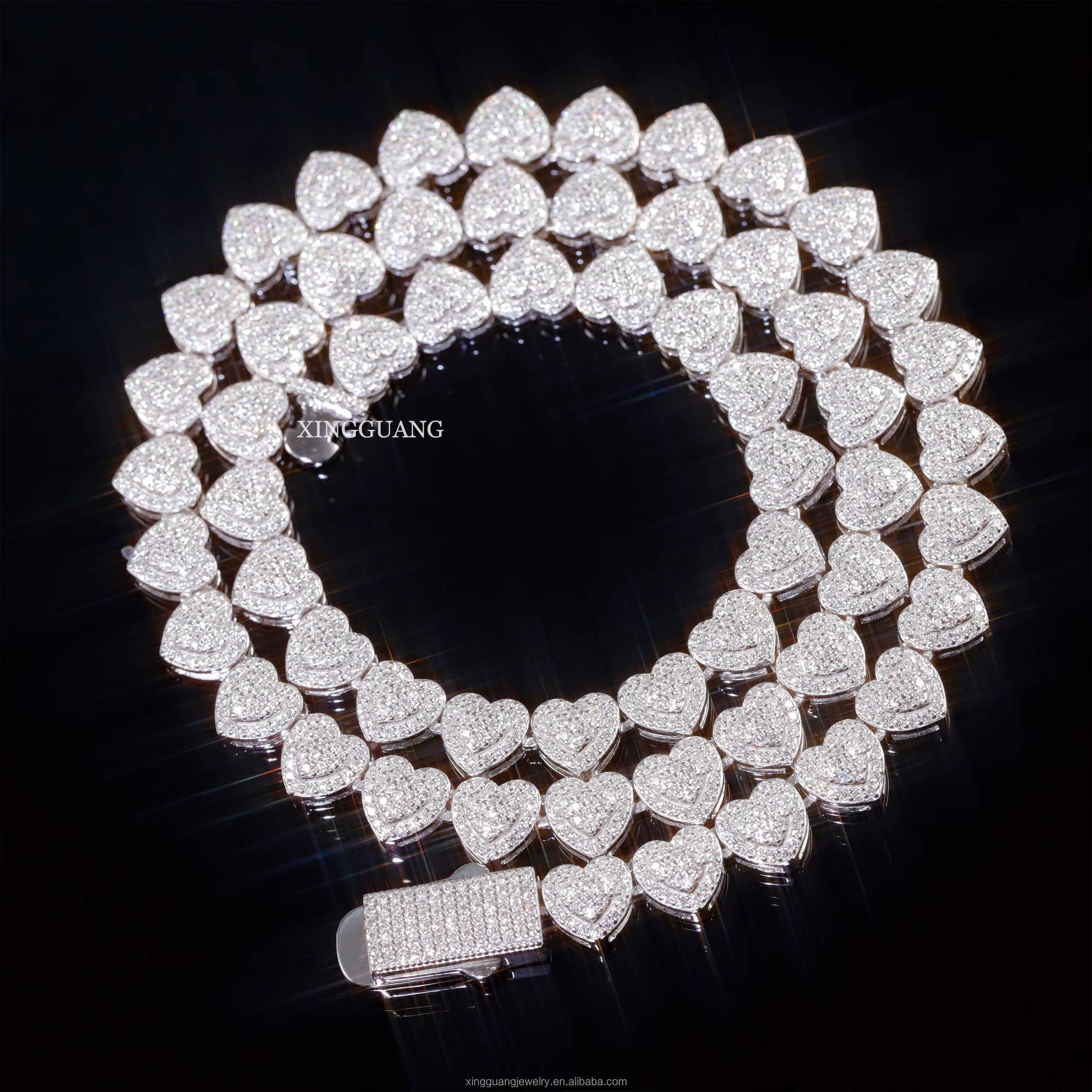 Heart Shape Moissanite Cuban Chain 10mm Wide S925 Silver Men Chain Hip Hop Necklace VVS Moissanite Cuban Link Chain