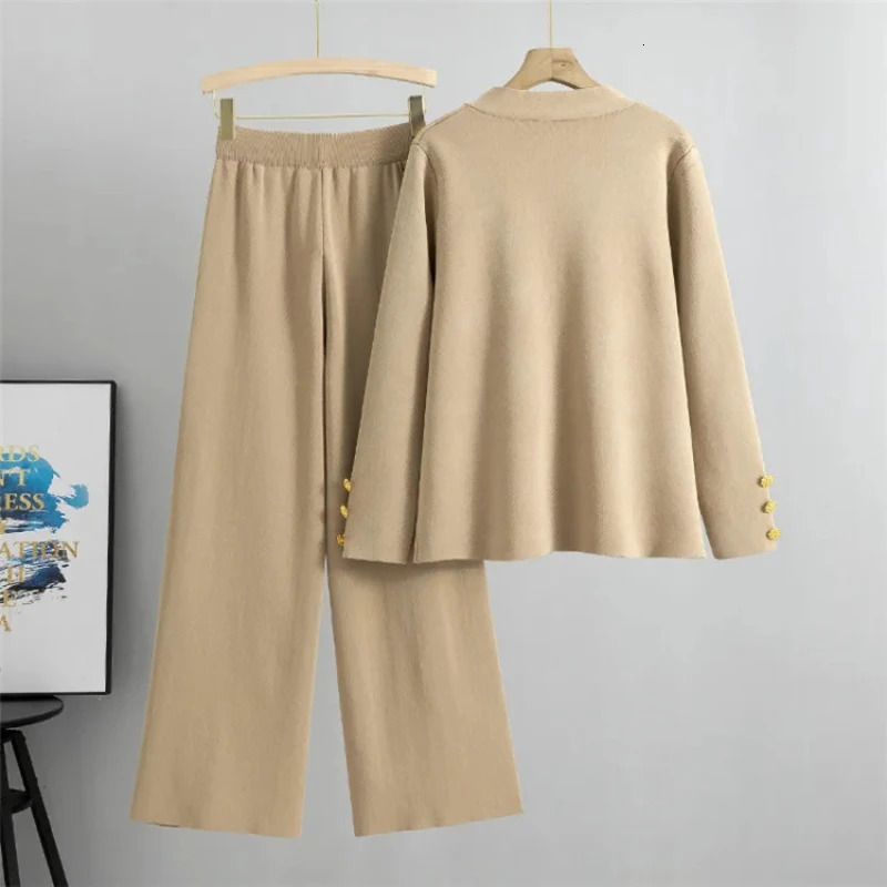 Fall Winter Womens Knit Sweater Sets Large Gold Button V-neck Cardigan Coats Conjunto High Waist Baggy 95cm Wide Leg Pants Suit 250714