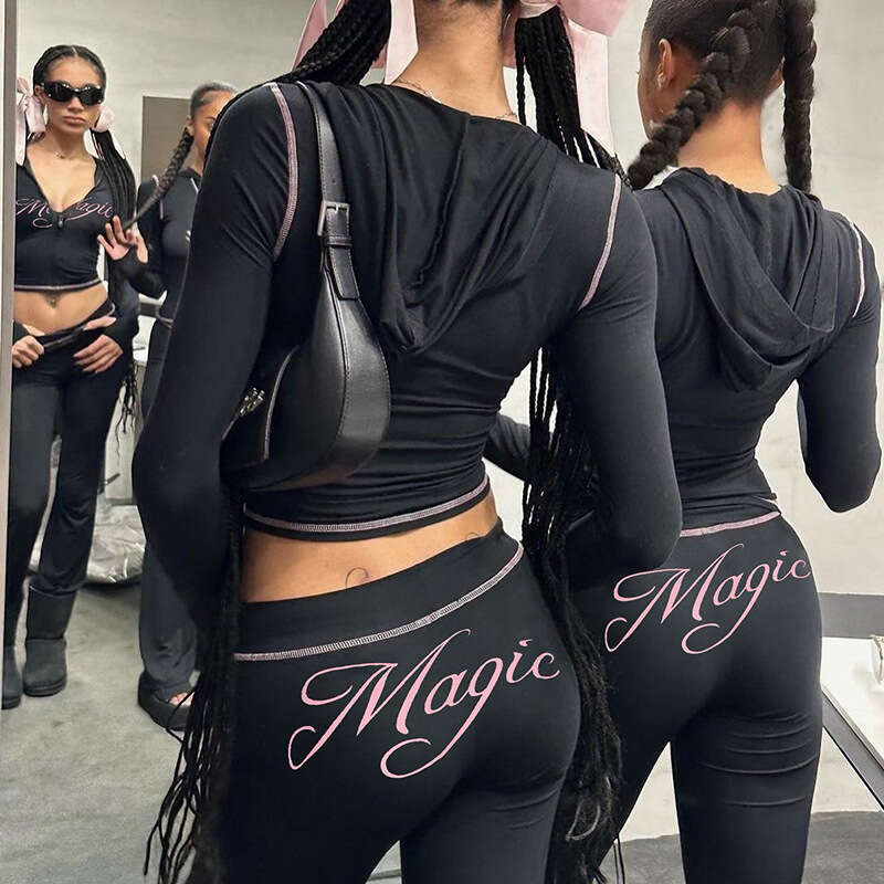 Autumn Casual Letter Print Hooded Zipper Top Slim Fit Long Pants Two-Piece Fashion Set B5 g5