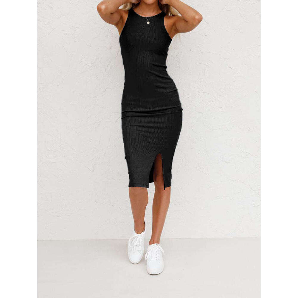 New Summer Women's Solid Color Knitted Sexy Elegant Slim Sleeveless Vest Style Split Dress B5