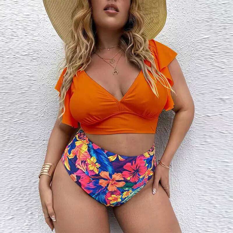 Plus Ruffle Sleeves High Waist Bikini Women's V Neck Push Up Large Swimsuit 2025 Mujer Big Size Tummy Control Swimwear