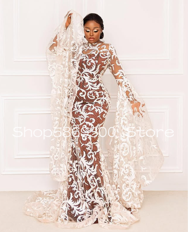 African Mermaid Nude Skin Wedding Dresses Lace Applique Long Sleeve Beach Garden Bridal Gown Customsized vestido de noiva