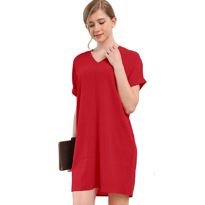Summer Fashion Women's Solid Color H-Shaped Loose Casual V-Neck Short Sleeve Homewear Dress B5