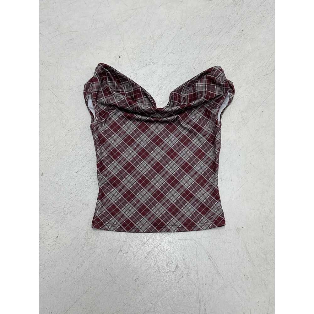 Red Plaid Asymmetrical Neckline Off-Shoulder Vest Summer Sexy Backless Short Sleeveless Outerwear Top B5