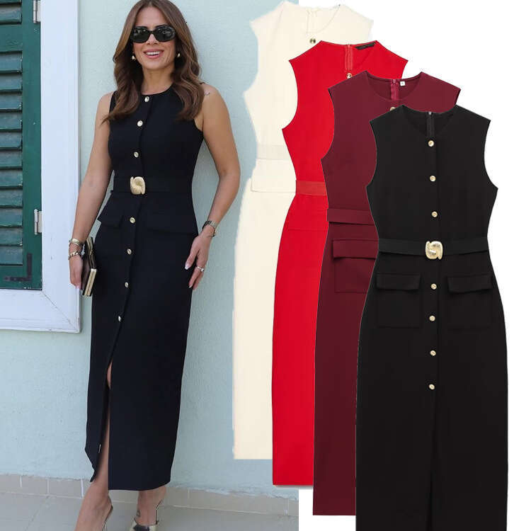 TRAFZA American Round Neck Spring New Style Belted Sexy Sleeveless Midi Dress B5