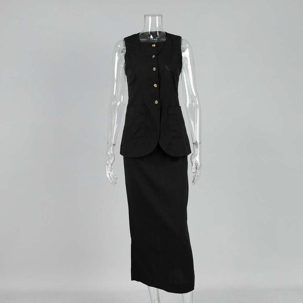Minimalist Sleeveless Vest And High-Waisted Skirt Set Spring/Summer New Linen Casual Outfit For Women B5