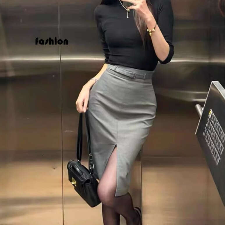 High-Waisted Slimming Front-Slit Blazer For Women, Autumn And Winter Gray Mid-Length With Belt, Bodycon Skirt B5 g7