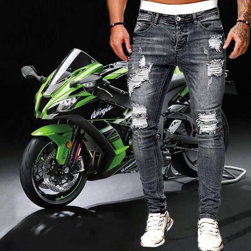 Mens Ripped Skinny Jeans Blue Slim Fit Hole Pencil Pants Casual Biker Trousers Streetwear 2022 High Quality Denim Mens Clothing X2507181