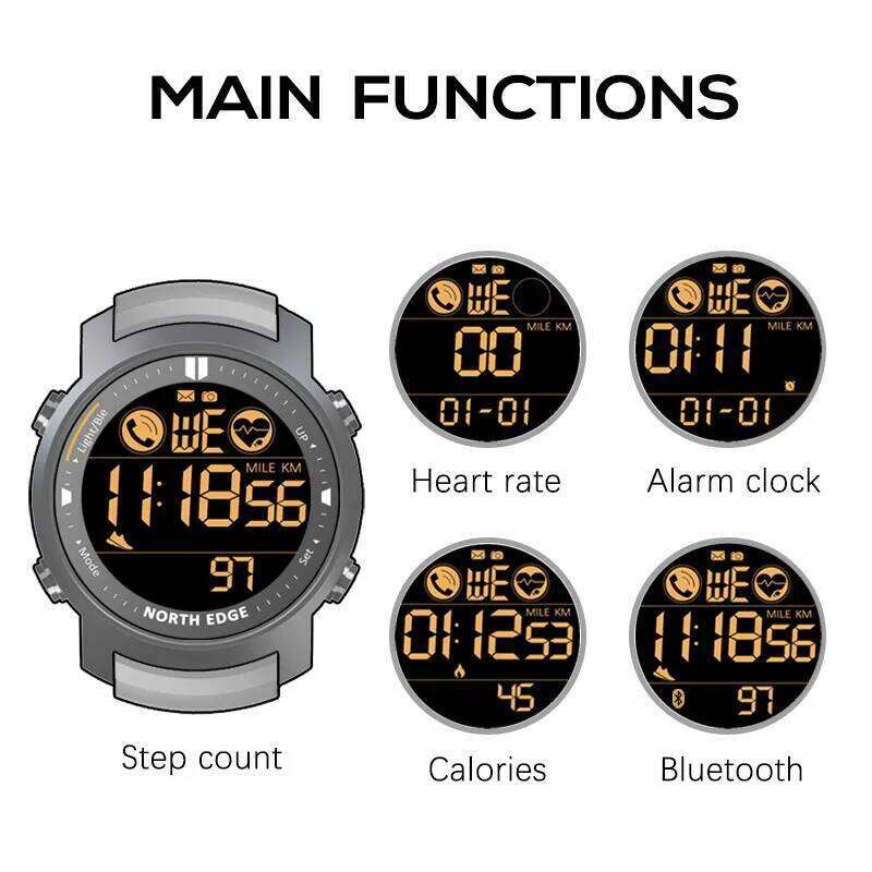 NORTH EDGE Men's Digital Military Waterproof 50M Running Sports Pedometer Stopwatch Watch Heart Rate Wristband Android IOS free shipping