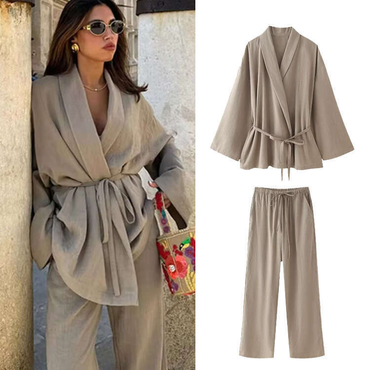 TRAFZA New Women's American Kimono Style Outerwear Casual Fashion Long Pants Set B5