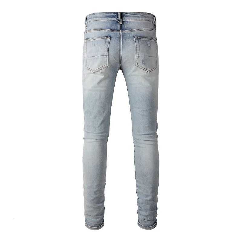 Men Patches Jeans Streetwear Light Blue High Stretch Denim Pants Ripped Distressed Skinny Tapered Trousers X250718